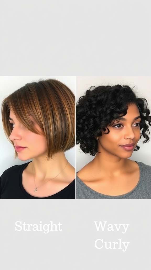 Image showing two adaptations of the wedge haircut: one on straight hair and another on wavy, curly hair.