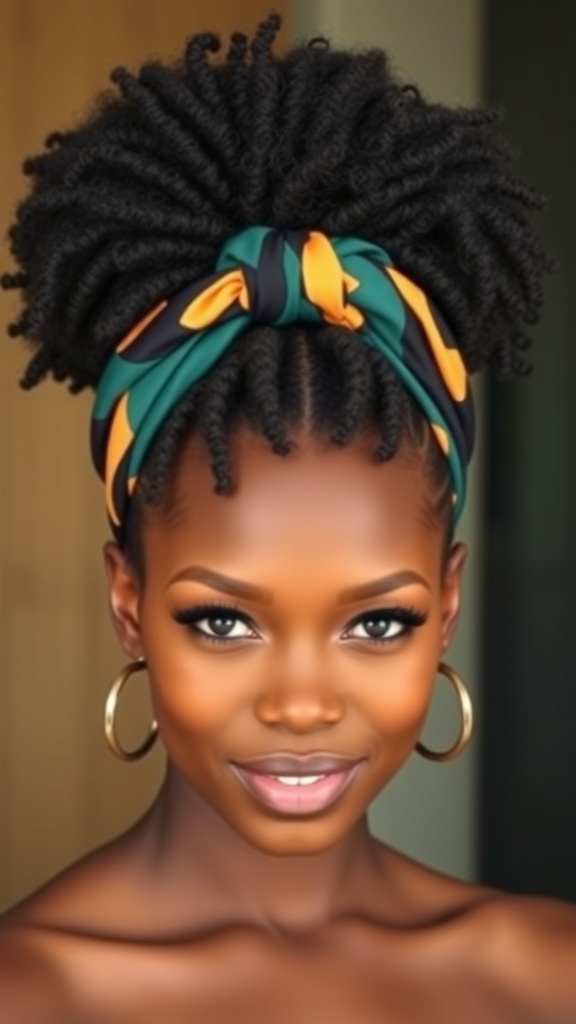 A woman with an afro puff hairstyle, wearing a colorful headband and hoop earrings, smiling confidently.