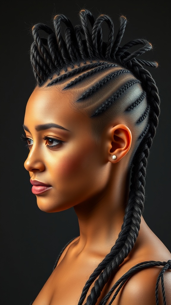 A close-up of a woman with an artistic braided mohawk hairstyle, featuring intricate braids and a bold look.