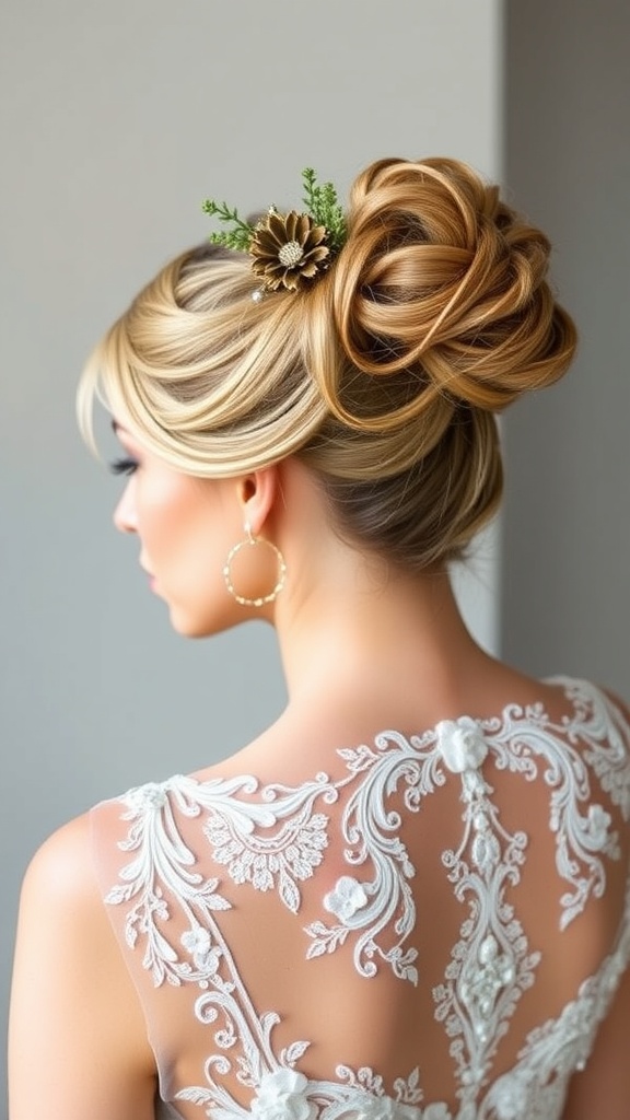 A bride with an artistic messy bun hairstyle decorated with a flower and greenery, wearing a lace gown.