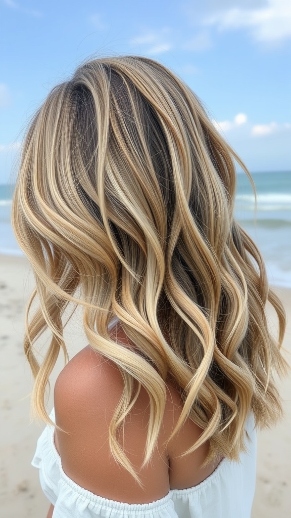 A woman with ashy blonde streaks in her wavy hair, standing by the beach.