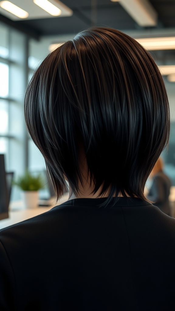 A young woman with an asymmetrical bob hairstyle, wearing a dark sweater and walking on a school campus.