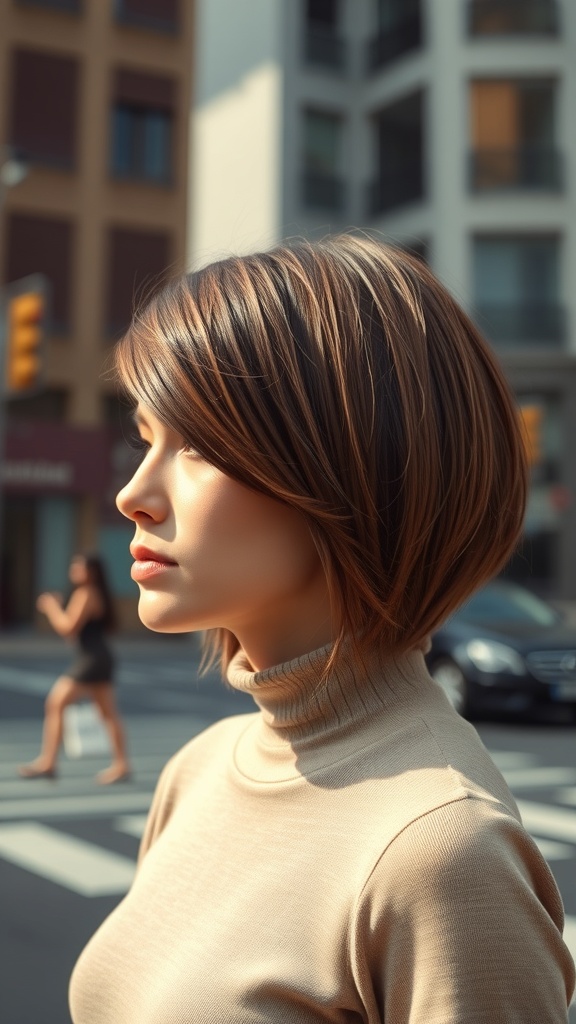 A woman with an asymmetrical bob hairstyle, showcasing a longer side that frames her face.