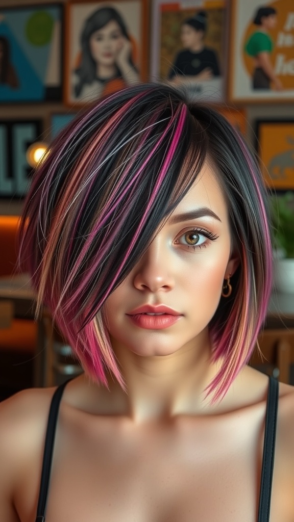 A woman with an asymmetrical bob hairstyle featuring vibrant highlights, showcasing a modern and stylish look.