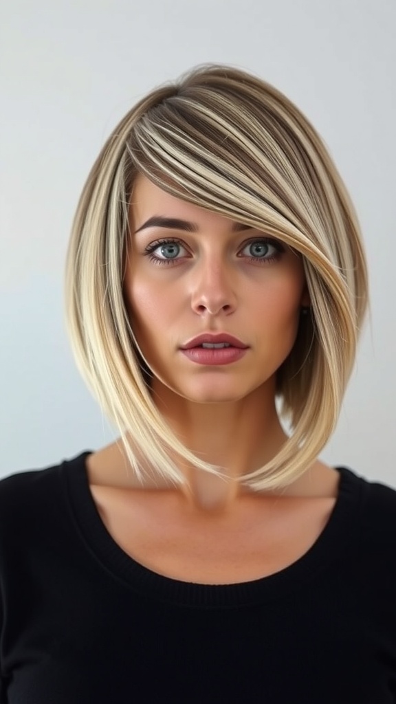 A woman with an asymmetrical bob hairstyle featuring highlights, showcasing a modern and stylish look.