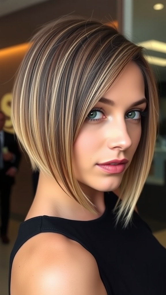 A woman with an asymmetrical bob hairstyle featuring a shaved side, showcasing a blend of colors.