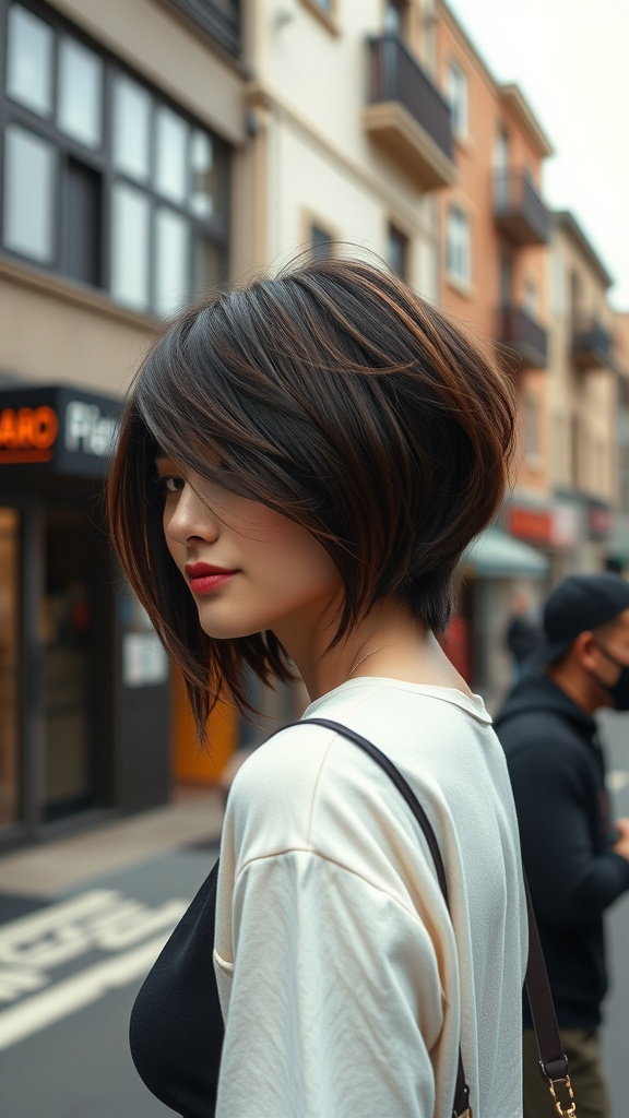 A mannequin displaying an asymmetrical shoulder-length haircut in front of a graffiti wall.