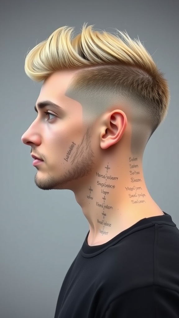A young man with an asymmetrical haircut featuring longer hair on one side and a faded undercut on the other.