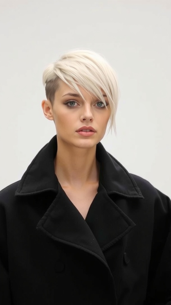 A model with an asymmetrical haircut, featuring longer hair on one side and a closely cropped side, wearing a black coat.