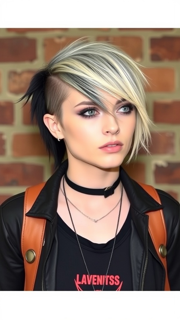 A person with an asymmetrical haircut featuring blonde and dark tones, styled with one side longer and the other shaved, wearing a black leather jacket.
