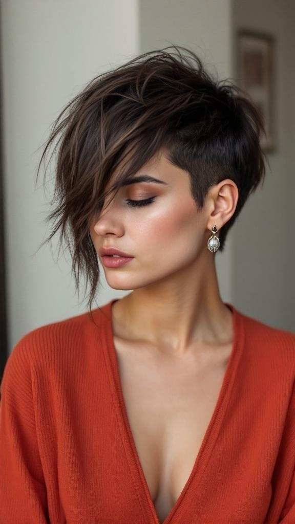 A woman with an asymmetrical ear-length haircut, featuring one side shorter than the other, styled with soft layers.