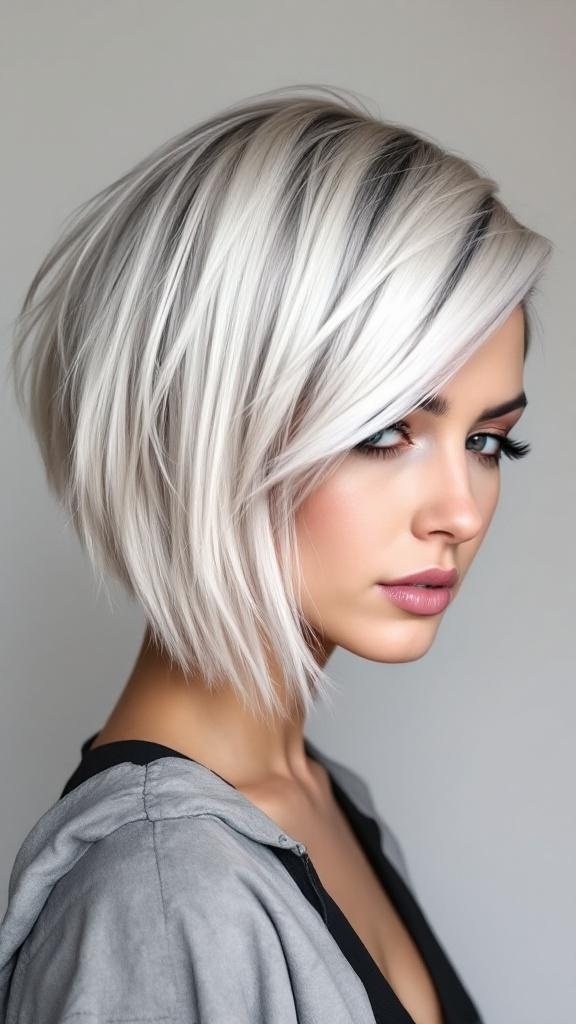 A woman with an asymmetrical layered bob hairstyle, featuring platinum blonde hair with soft waves.