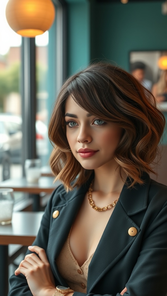 A woman with an asymmetrical lob hairstyle, styled with soft waves, sitting in a café.