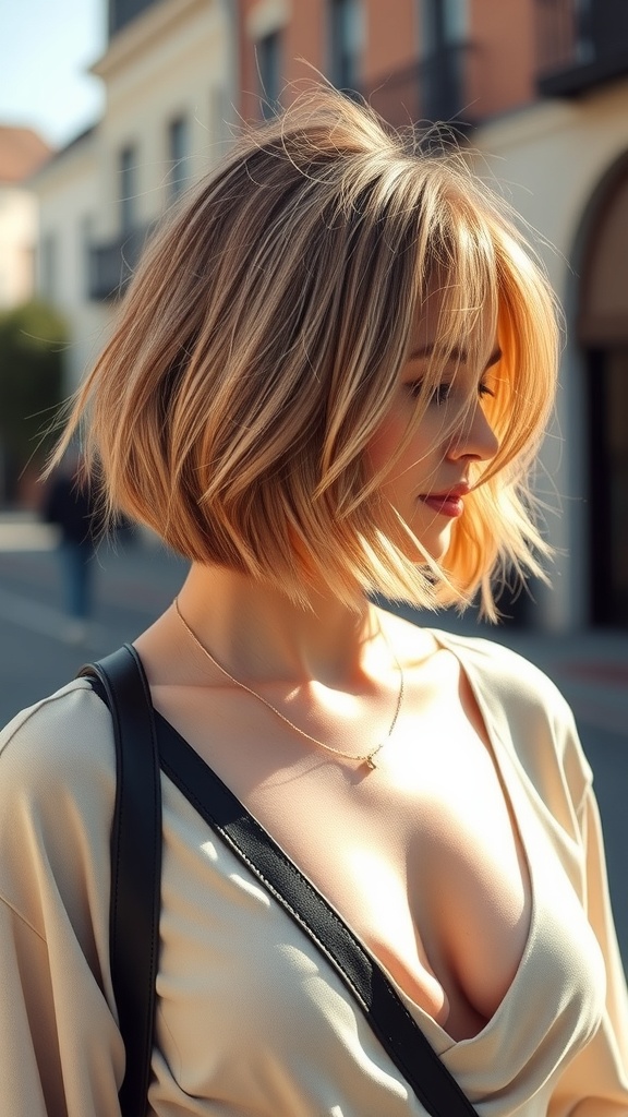 A woman with an asymmetrical lob hairstyle featuring highlights, looking stylish outdoors.