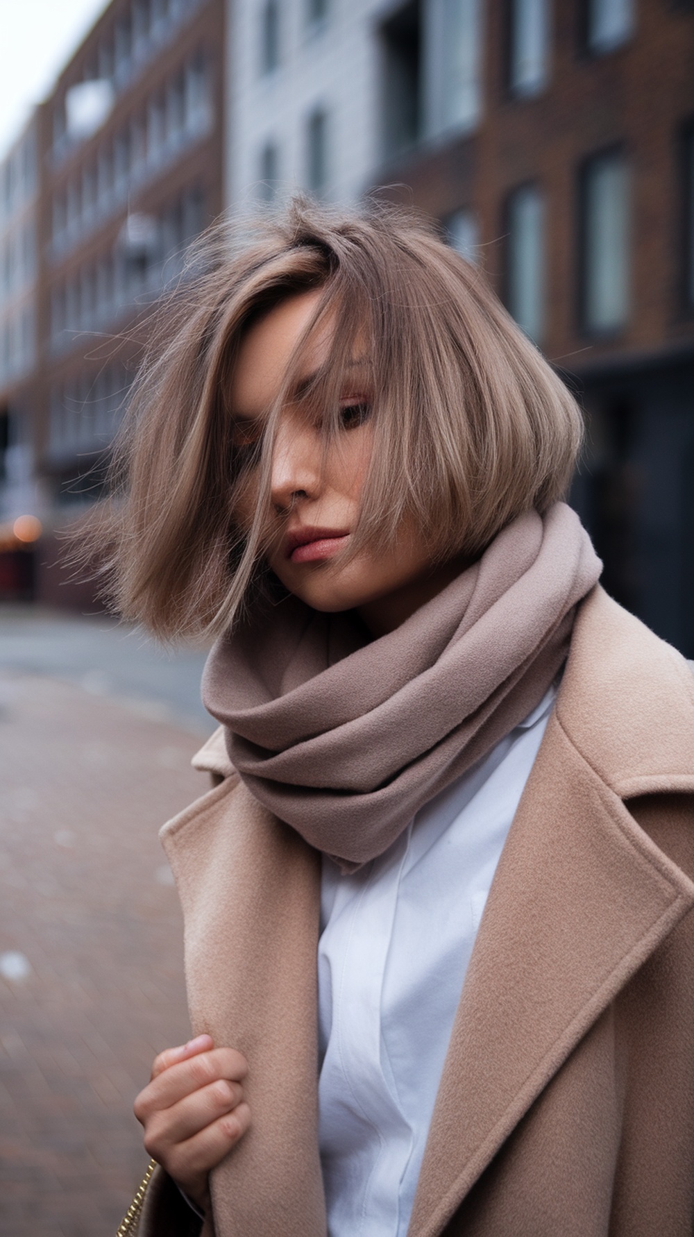 A woman with an asymmetrical shaggy bob hairstyle, wearing a scarf and coat, standing outdoors.