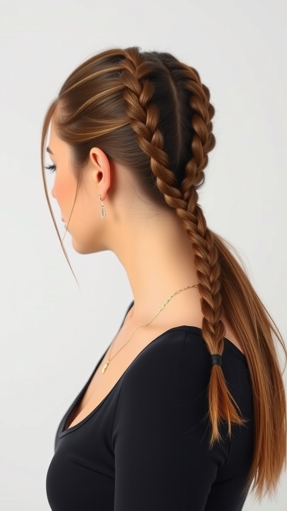 A woman with two baby braids leading into a sleek ponytail, showcasing a stylish hairstyle.