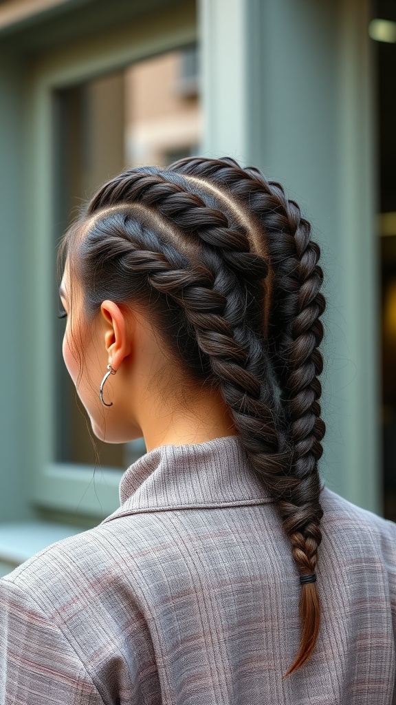 A close-up view of a woman's back with baby braids styled in a unique twist.