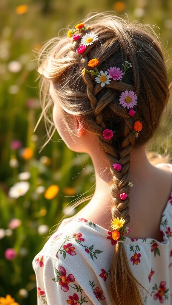 A girl with baby braids decorated with colorful flowers in a field of blooming flowers.
