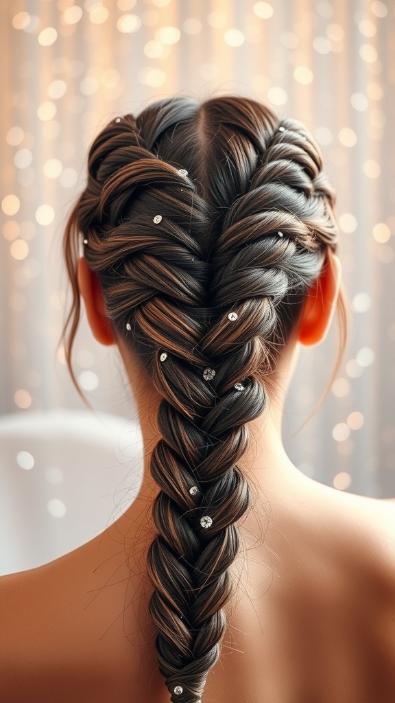 A close-up of a hairstyle featuring baby braids adorned with glittering accents.