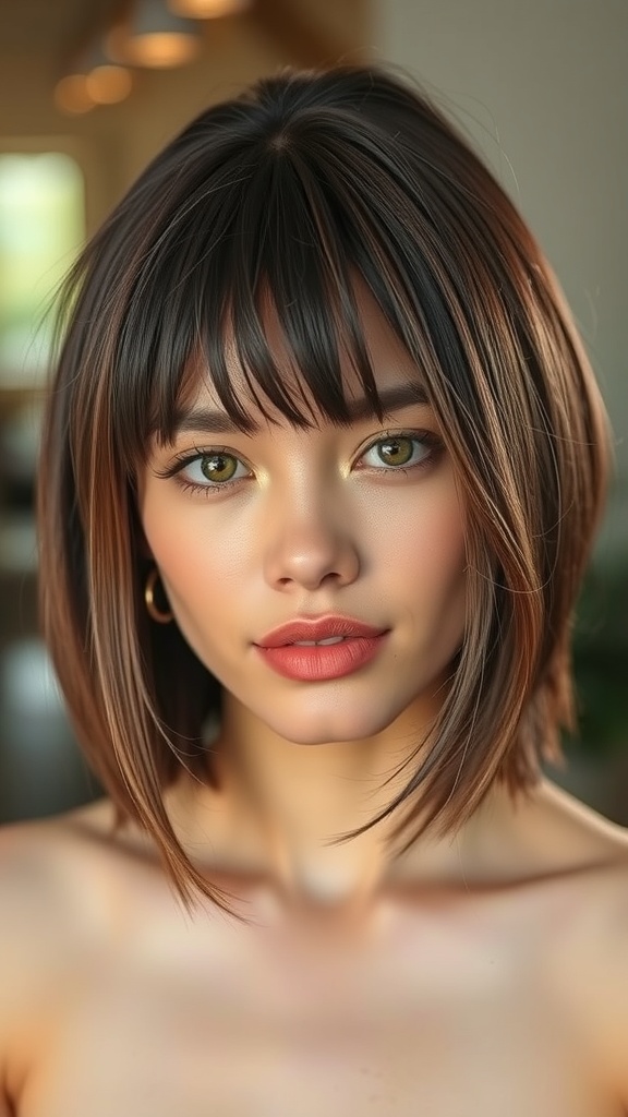 A woman with medium shag haircut featuring soft bangs framing her face.