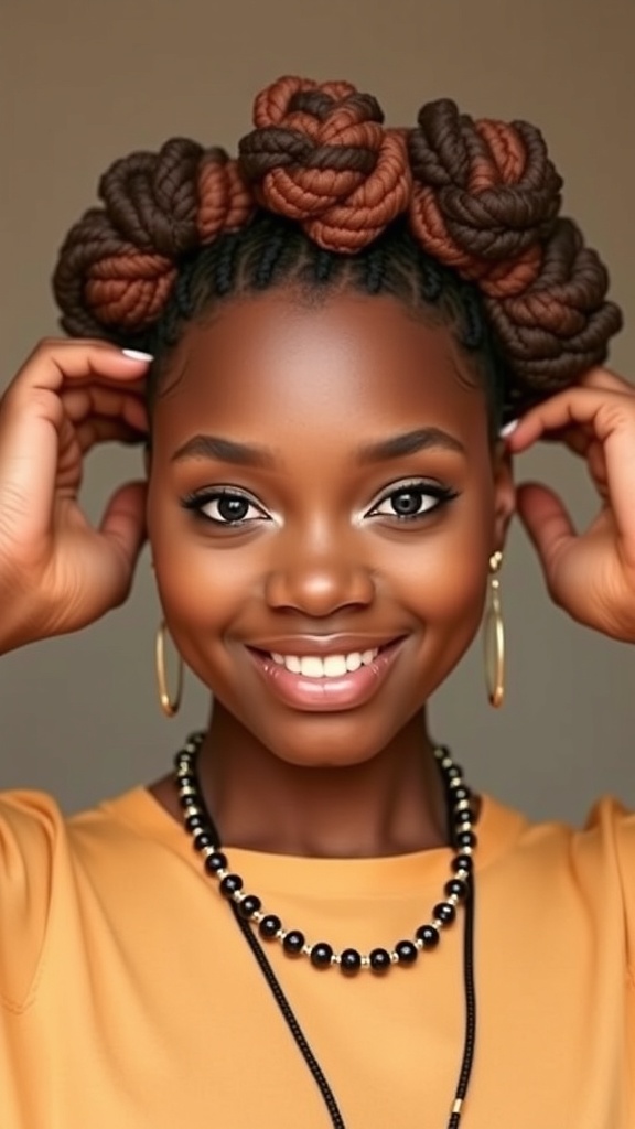 A close-up of a woman with Bantu knots, showcasing natural hair texture and a playful look.