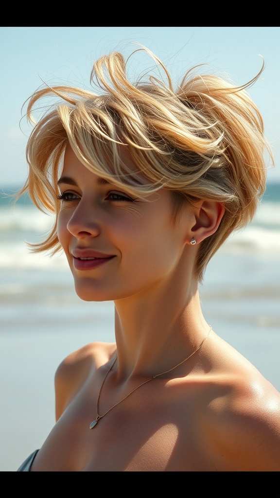 A woman with a short hairstyle featuring beachy waves, smiling against a beach backdrop.
