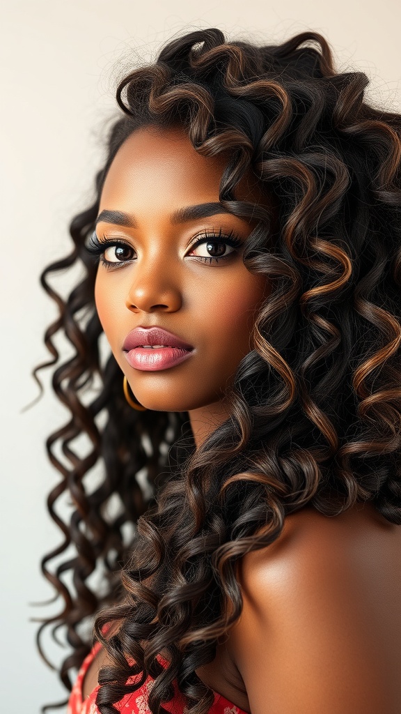 A woman with beautiful beachy waves and curls, showcasing a carefree hairstyle.