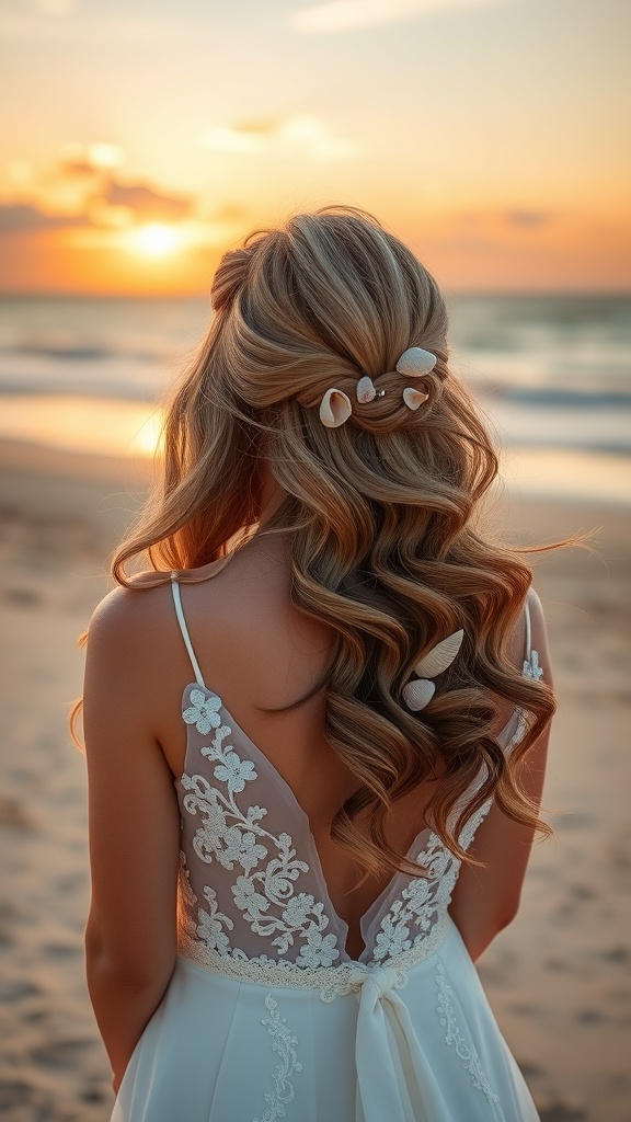 A bride with beachy waves and seashells in her hair, standing on the beach at sunset.