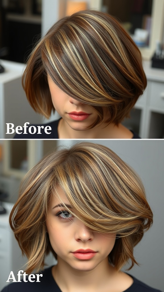 Before and after images of a layered haircut showing significant transformation.