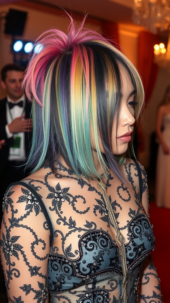 A celebrity with a vibrant, multi-colored hairstyle featuring pink, blue, and purple hues.