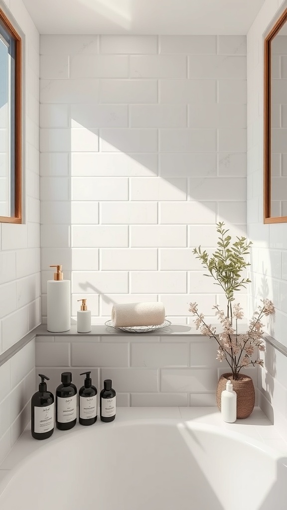 A bright bathroom with neatly arranged hair care products on a shelf.