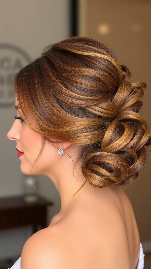 A woman with a stylish 90s blowout hairstyle, featuring soft waves and warm hair tones.