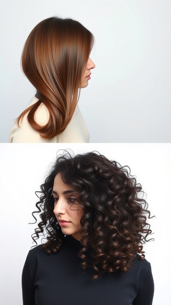 Image showing two variations of the 90s blowout hairstyle: one with straight hair and one with curly hair.