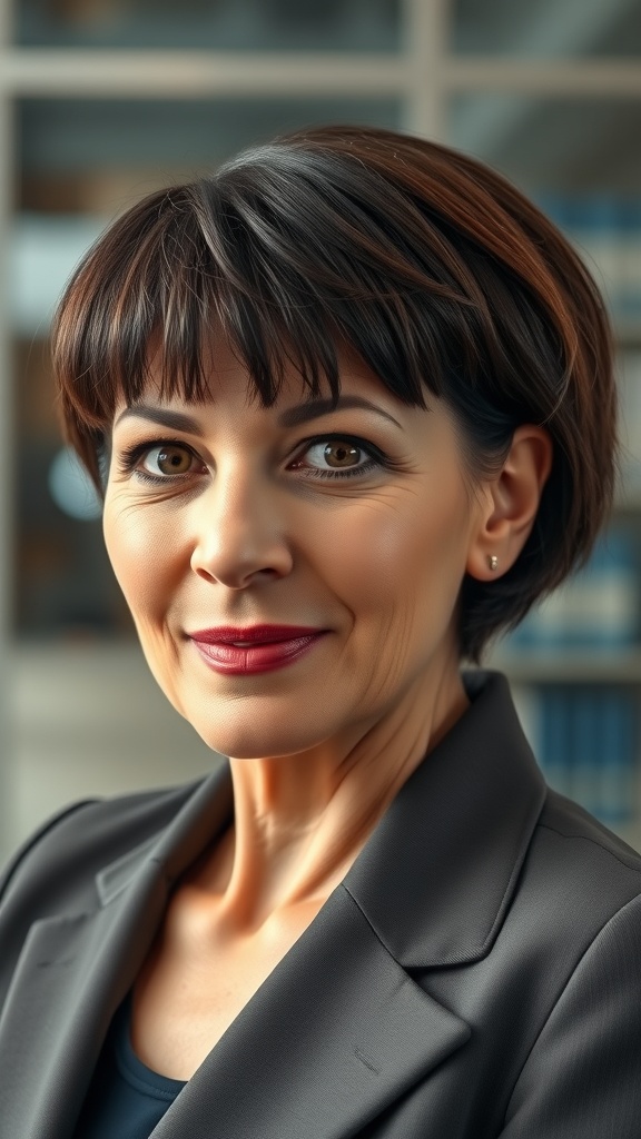 A confident woman with a blunt cut hairstyle, wearing a blazer and smiling.