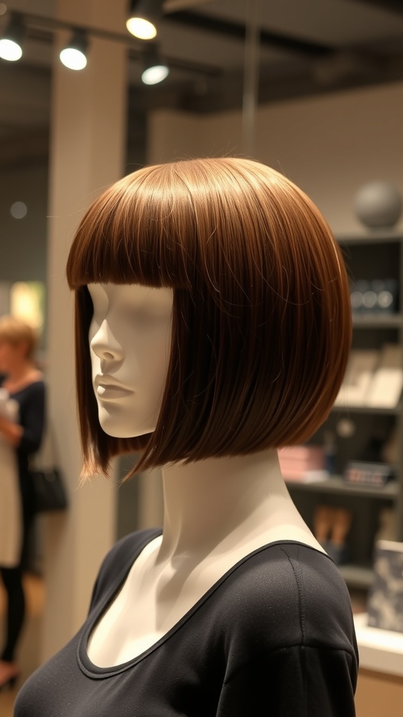 A mannequin displaying a sleek blunt bob haircut with straight bangs.