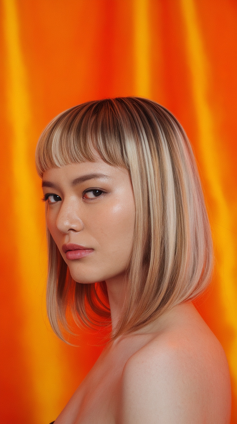 A woman with a blunt cut hairstyle featuring highlights, set against an orange background.