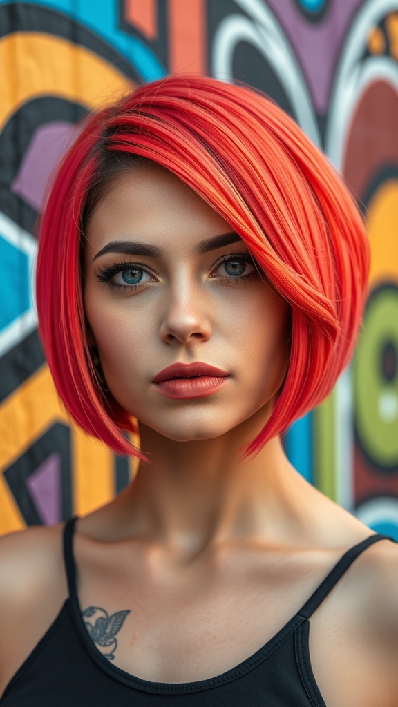 A woman with a bold red bob hairstyle, standing in front of a colorful graffiti background.