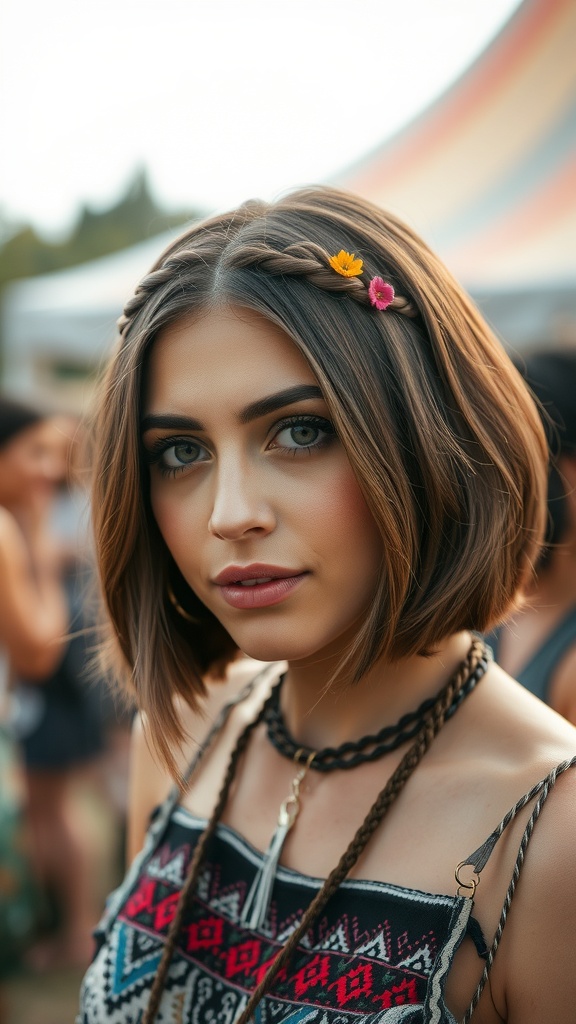 A bob hairstyle with braided accents, showcasing a stylish and playful look.