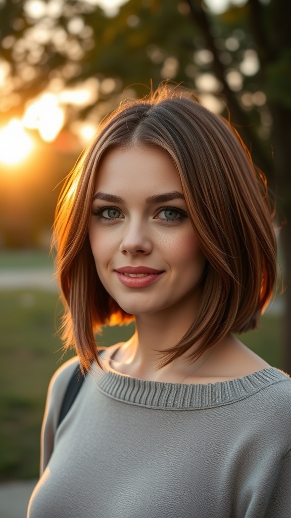 A woman with a bob hairstyle featuring face-framing layers, smiling in warm sunlight.