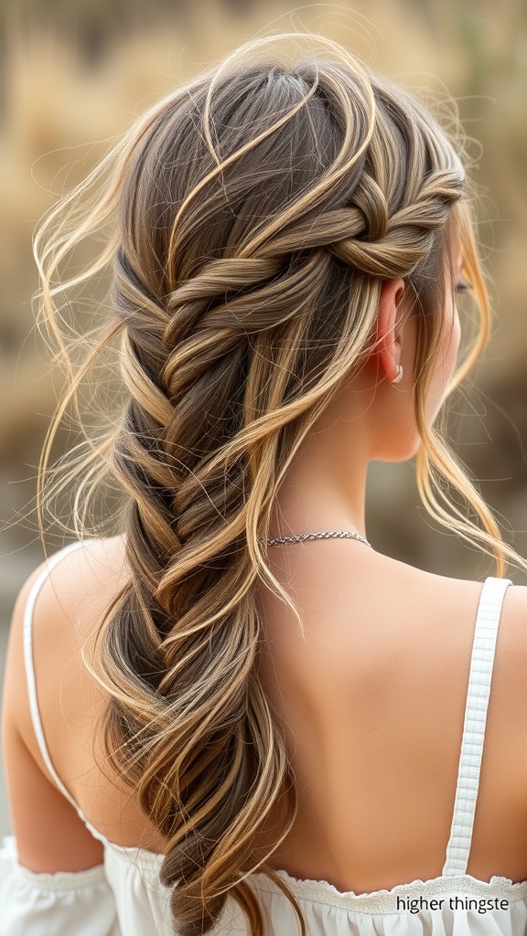 A hairstyle featuring bohemian baby braids with loose waves, showcasing a relaxed and stylish look.