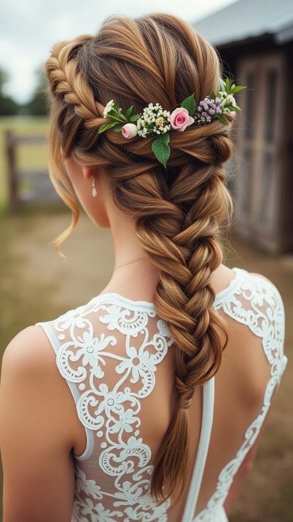 A woman with a bohemian braided updo hairstyle adorned with flowers, wearing a lace wedding dress.