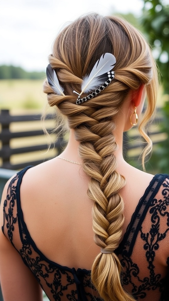 A woman with a braided hairstyle featuring feathers, showcasing a bohemian style.