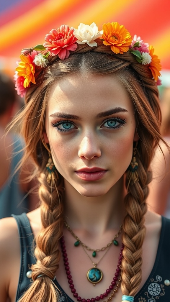 A young woman with braided pigtails and flowers in her hair, showcasing a Bohemian crown braid hairstyle.
