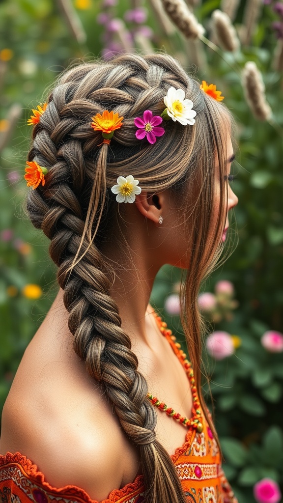 A side view of a woman with Fulani braids decorated with colorful flowers, set against a backdrop of greenery.