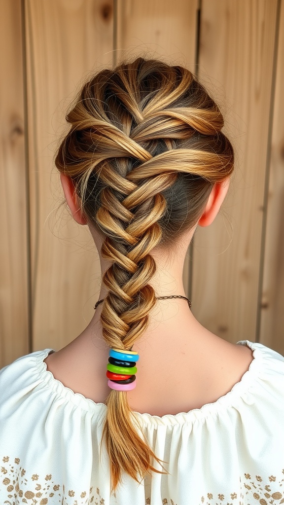 A close-up view of a Bohemian Loose Braid with colorful beads at the end, showcasing a relaxed and stylish hairstyle.