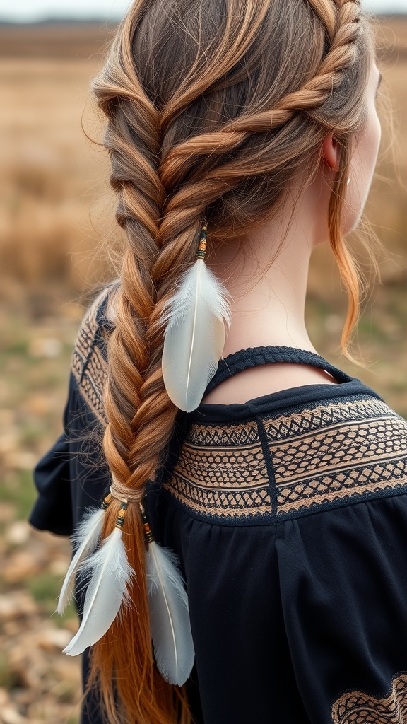 A woman with a bohemian loose braid adorned with feathers, showcasing a natural and relaxed hairstyle.