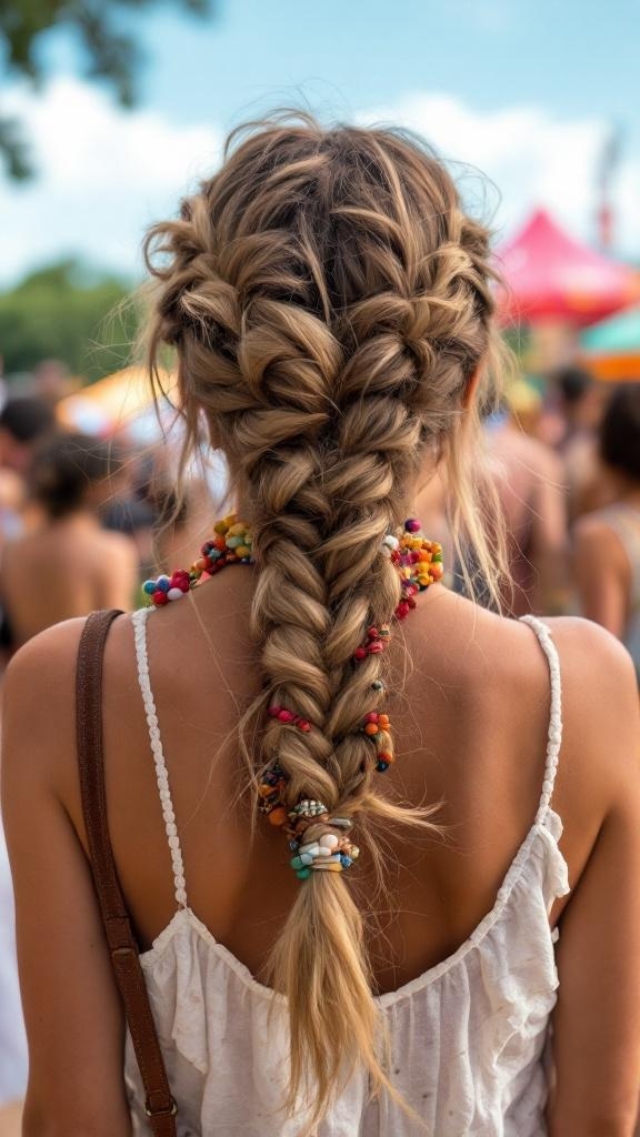 A woman with bohemian tucked braids adorned with colorful beads, wearing a white top and a brown bag.