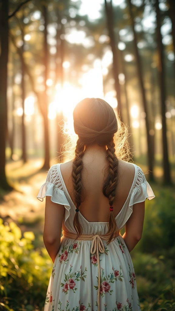A person with two braids standing in a sunlit forest, wearing a floral dress.