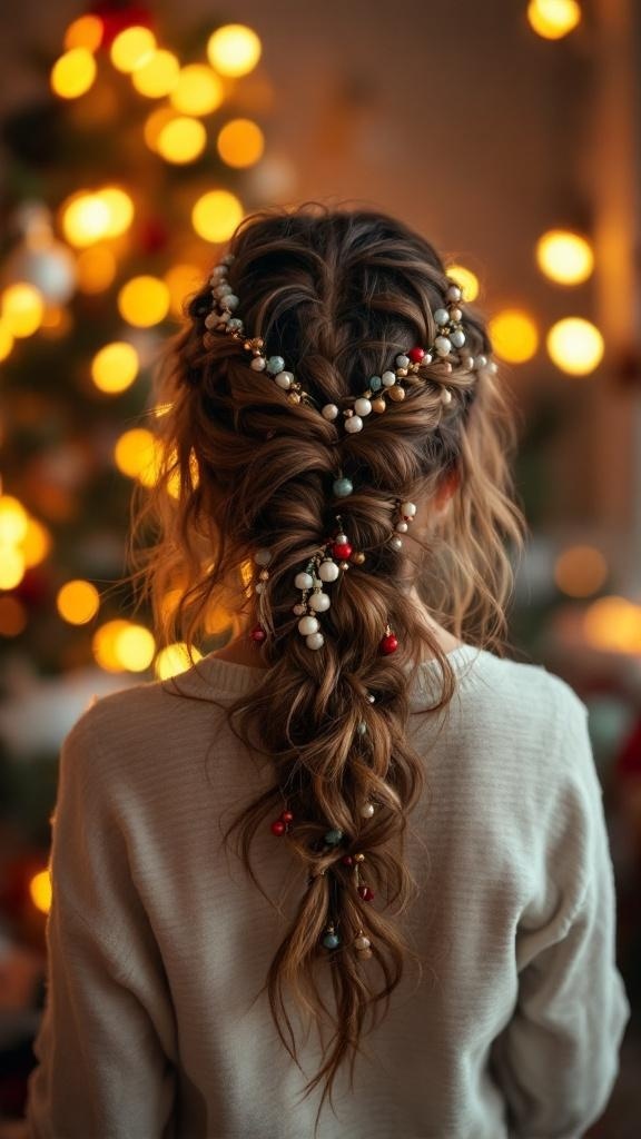 A beautiful boho chic loose braid with colorful beads, set against a festive background of Christmas lights.