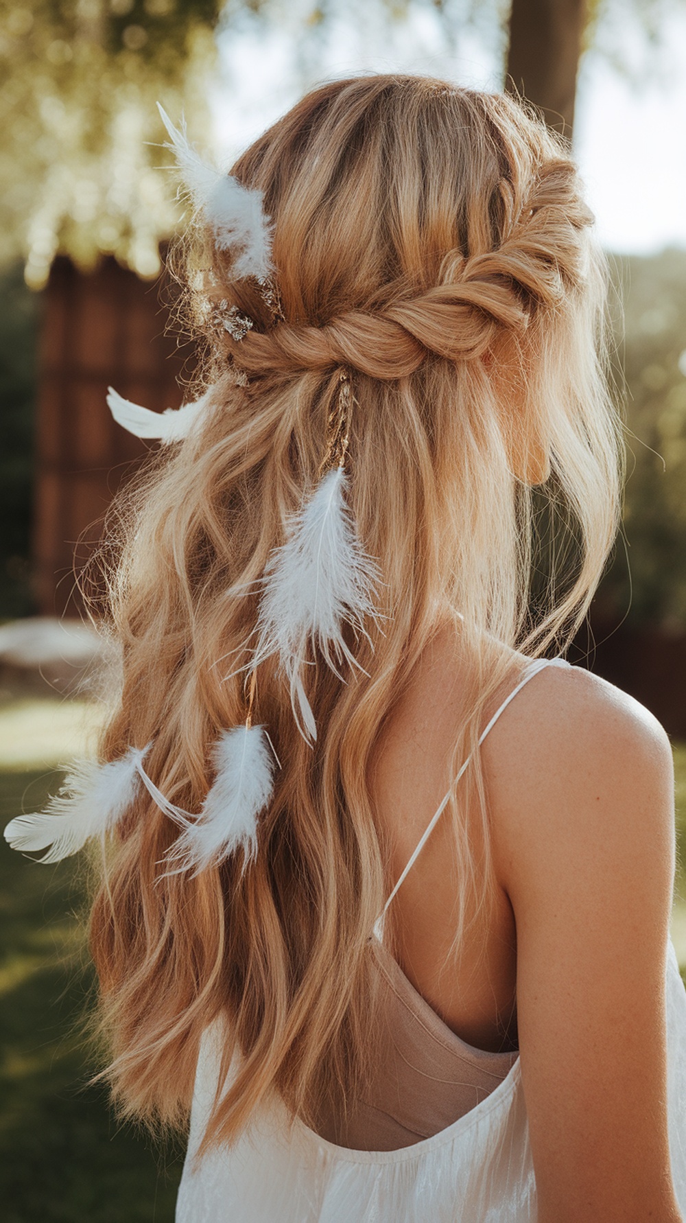 A woman with boho chic loose waves adorned with feathers, showcasing a festive hairstyle.